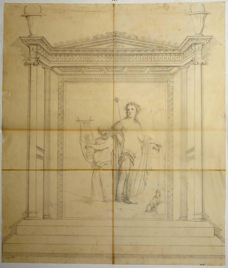 VIII.3.4 Pompeii. 1825. Drawing by Maldarelli of painting of Bacchus with Silenus playing the lyre.
See Real Museo Borbonico Vol. II, 1825, Tav. XXXV.
This drawing was reproduced by Roux in 1840 (and 1870).
See Roux, H., 1840. Herculanem et Pompei recueil général des Peintures, Bronzes, Mosaïques : Tome 3. Paris : Didot.  Pl. 112. 
