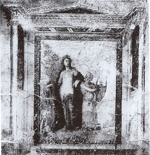 Drawing by Giuseppe Abbate, 1843, of painting of Bacchus with Silenus playing the tambourine.
According to PPM this has been wrongly identified with this house as Silenus was originally identified as playing a lyre.
See Carratelli, G. P., 1990-2003. Pompei: Pitture e Mosaici: Vol VIII. Roma: Istituto della enciclopedia italiana, p. 357.
The wording below the drawing reads – 
“Painting excavated in the presence of Duke d’Omal in a house before the crossroads of the Strada della Fortuna”
See Helbig, W., 1868. Wandgemälde der vom Vesuv verschütteten Städte Campaniens. Leipzig: Breitkopf und Härtel, (395b).
Now in Naples Archaeological Museum. Inventory number ADS 811.
Photo © ICCD. https://www.catalogo.beniculturali.it
Utilizzabili alle condizioni della licenza Attribuzione - Non commerciale - Condividi allo stesso modo 2.5 Italia (CC BY-NC-SA 2.5 IT)

