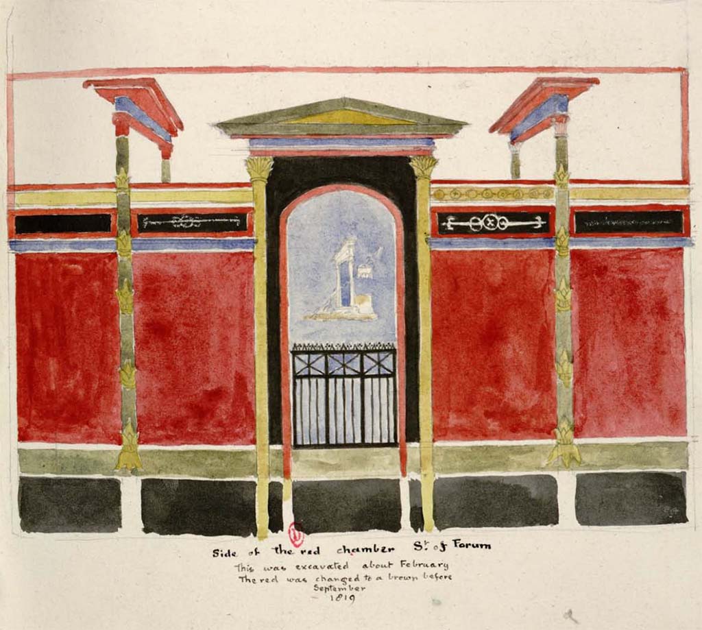 Pompeii. Between 1819 and 1832, sketch by W. Gell described by him as -
Side of the red chamber Street of (or South of) Forum.
This was excavated about February. The red was changed to brown before September 1819.
See Gell, W. Pompeii unpublished [Dessins de l'dition de 1832 donnant le rsultat des fouilles post 1819 (?)] vol II, pl. 45.
Bibliothque de l'Institut National d'Histoire de l'Art, collections Jacques Doucet, Identifiant numrique Num MS180 (2).
See book in INHA Use Etalab Licence Ouverte
