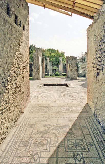 VIII.3.8, Pompeii., December 2018. 
Looking south along mosaic in entrance corridor towards atrium, through tablinum to peristyle.
Photo courtesy of Aude Durand.

