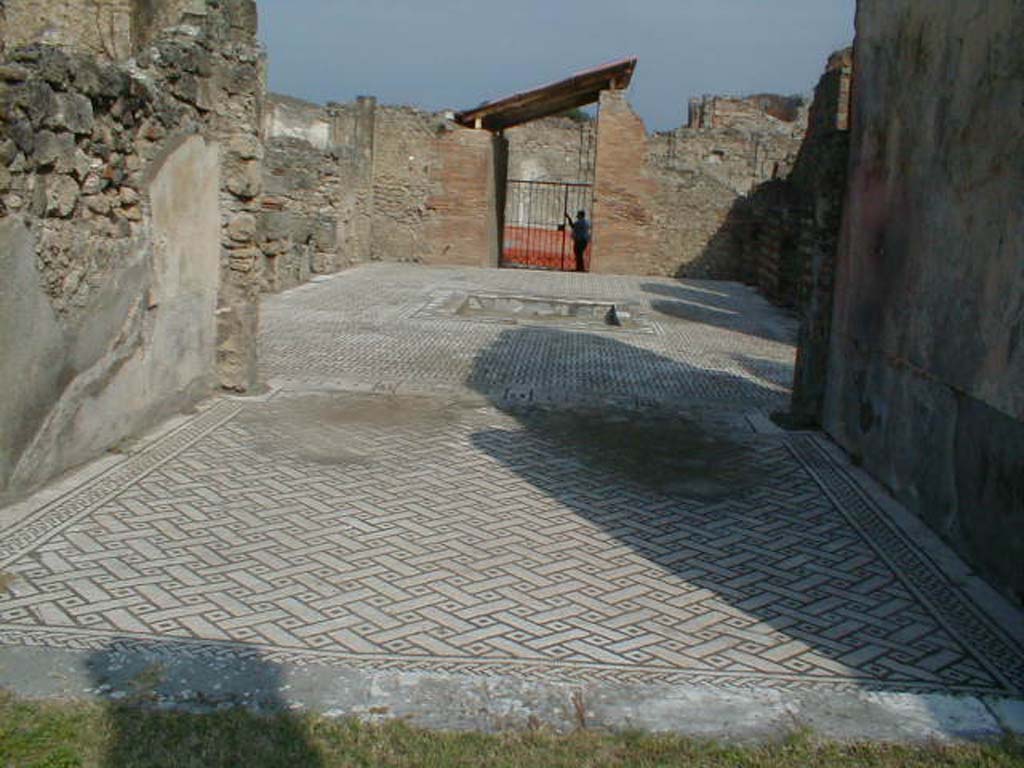 VIII.3.8 Pompeii. September 2004. Looking west towards ala on west side of atrium. The floor of the ala was of black and white mosaic, similar to that of the atrium, but separated by a threshold (of meander of double T’s). The carpet of the mosaic was ornamented with a net of hexagons and rectangles, whereas the border was a row of black squares. On the left is the entrance to the tablinum, and the doorway to an oecus. On the left of the atrium mosaic, the decoration of castellated towers can be seen. 
 

