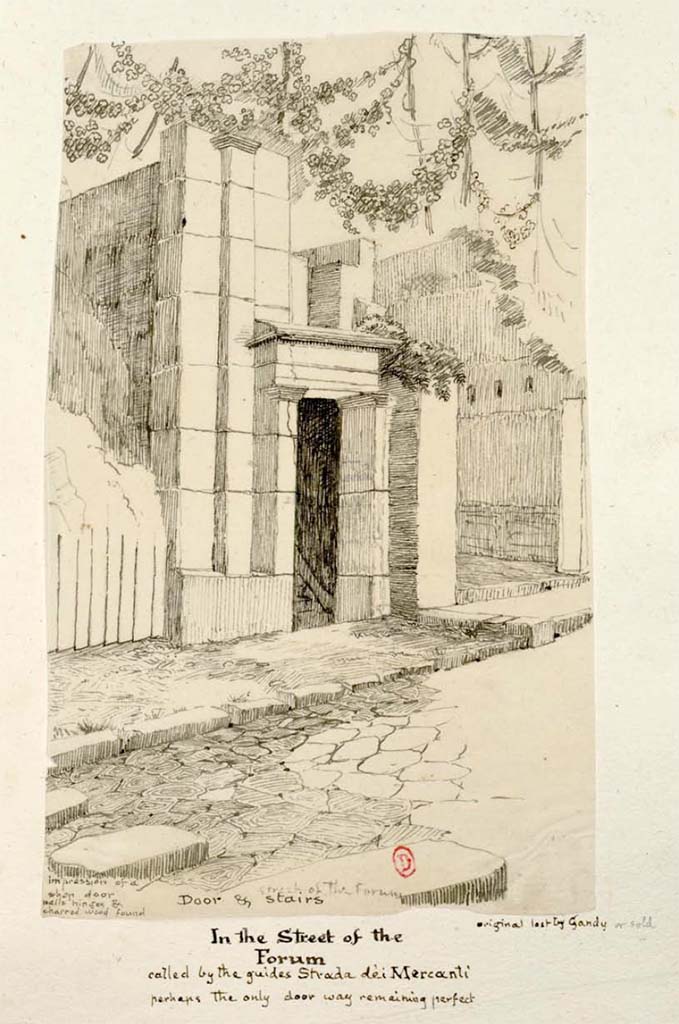 VIII.3.10 and VIII.3.9 Pompeii. Between 1819 and 1832 sketch by W. Gell.
On the left is written, presumably regarding the shop at VIII.3.11 –
“Impressions of a shop door, walls, hinges and charred wood found”.
Under is written "In the Street of the Forum called by the guides Strada dei Mercanti."
See Gell, W. Pompeii unpublished [Dessins de l'édition de 1832 donnant le résultat des fouilles post 1819 (?)] vol II, pl. 40.
Bibliothèque de l'Institut National d'Histoire de l'Art, collections Jacques Doucet, Identifiant numérique Num MS180 (2).
See book in INHA Use Etalab Licence Ouverte
