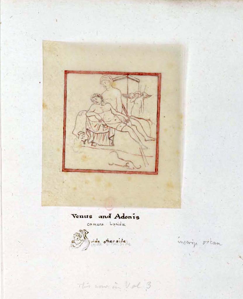 VIII.3.12 Pompeii. Between 1819 and 1832, sketch by W. Gell of painting of Venus and Adonis.
See Gell, W. Pompeii unpublished [Dessins de l'édition de 1832 donnant le résultat des fouilles post 1819 (?)] vol II, pl. 41.
Bibliothèque de l'Institut National d'Histoire de l'Art, collections Jacques Doucet, Identifiant numérique Num MS180 (2).
See book in INHA Use Etalab Licence Ouverte
See also VIII.5.28 and VIII.5.24, where the same painting is included as there is some mystery as to the actual place it was found.
