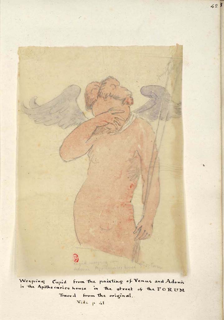 VIII.3.12 Pompeii. Between 1819 and 1832, sketch by W. Gell of weeping cupid, seen in the painting Venus and Adonis, above.
See Gell, W. Pompeii unpublished [Dessins de l'édition de 1832 donnant le résultat des fouilles post 1819 (?)] vol II, pl. 42.
Bibliothèque de l'Institut National d'Histoire de l'Art, collections Jacques Doucet, Identifiant numérique Num MS180 (2).
See book in INHA Use Etalab Licence Ouverte
