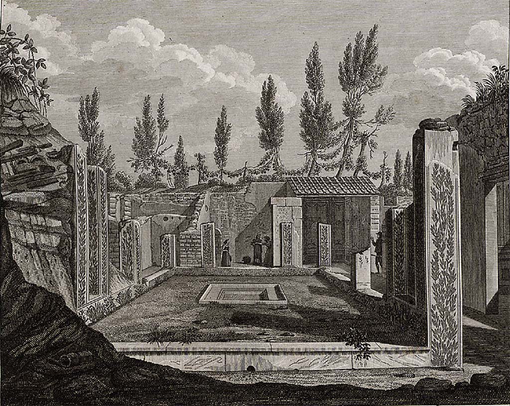 VIII.3.14 Pompeii. pre-1824. Drawing by Mazois, looking south across Corinthian atrium in its actual state.
At the south end (with the figures) would be the oecus 7, and next to it on right the ala 10, with well decorated walls.
On the right is the doorway to the cubiculum/lararium 11. 
Next to that, but out of sight, is the tablinum 9 and beyond that, where the single figure is standing, is corridor 13 which links to the next house.
See Mazois, F., 1824. Les Ruines de Pompei : Second Partie. Paris : Firmin Didot, p. 50 pl. XII, fig. III.
