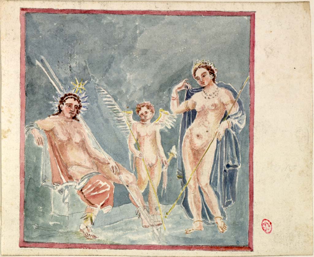 VIII.3.14 Pompeii. c.1819 painting by W. Gell of deities seen on the south wall of the left ala. 
See Gell W & Gandy, J.P: Pompeii published 1819 [Dessins publiés dans l'ouvrage de Sir William Gell et John P. Gandy, Pompeiana: the topography, edifices and ornaments of Pompei, 1817-1819], pl. 75.
See book in Bibliothèque de l'Institut National d'Histoire de l'Art [France], collections Jacques Doucet Gell Dessins 1817-1819
Use Etalab Open Licence ou Etalab Licence Ouverte
