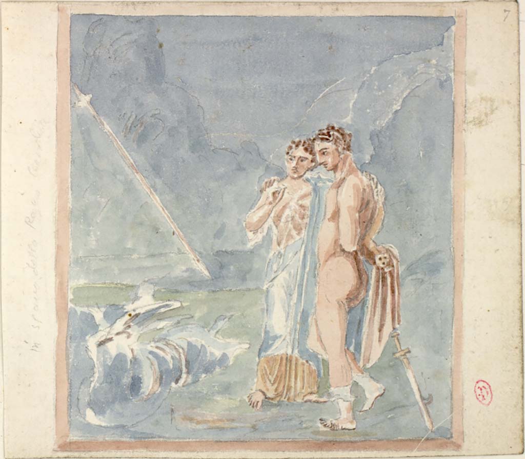 VIII.3.14 Pompeii. c.1819 painting by W. Gell of Perseus and Andromeda, from a wall in the left ala.
The note on the painting says: in scavi della Regina Carolina.
See Gell W & Gandy, J.P: Pompeii published 1819 [Dessins publiés dans l'ouvrage de Sir William Gell et John P. Gandy, Pompeiana: the topography, edifices and ornaments of Pompei, 1817-1819], pl. 74.
See book in Bibliothèque de l'Institut National d'Histoire de l'Art [France], collections Jacques Doucet Gell Dessins 1817-1819
Use Etalab Open Licence ou Etalab Licence Ouverte
