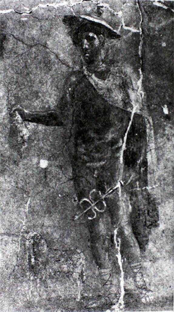 VIII.4.3 Pompeii. Old undated photograph of painting of Mercury from inside shop.
Mercury is holding the purse, the caduceus and wearing the winged helmet.
Now in Naples Archaeological Museum.  Inventory number 9450.
