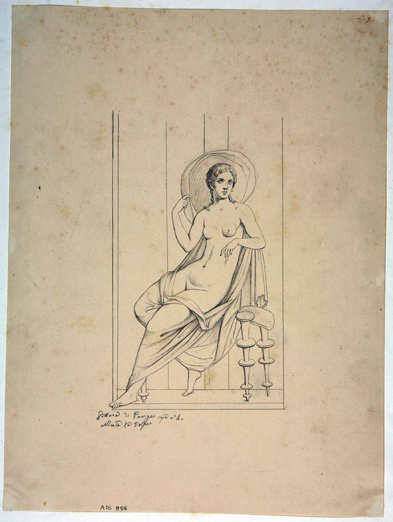 VIII.4.4 Pompeii. Drawing by Nicola La Volpe, of painting of sitting figure from north side of painting of Hermaphrodite on east wall.
Now in Naples Archaeological Museum. Inventory number ADS 858.
Photo  ICCD. http://www.catalogo.beniculturali.it
Utilizzabili alle condizioni della licenza Attribuzione - Non commerciale - Condividi allo stesso modo 2.5 Italia (CC BY-NC-SA 2.5 IT)
