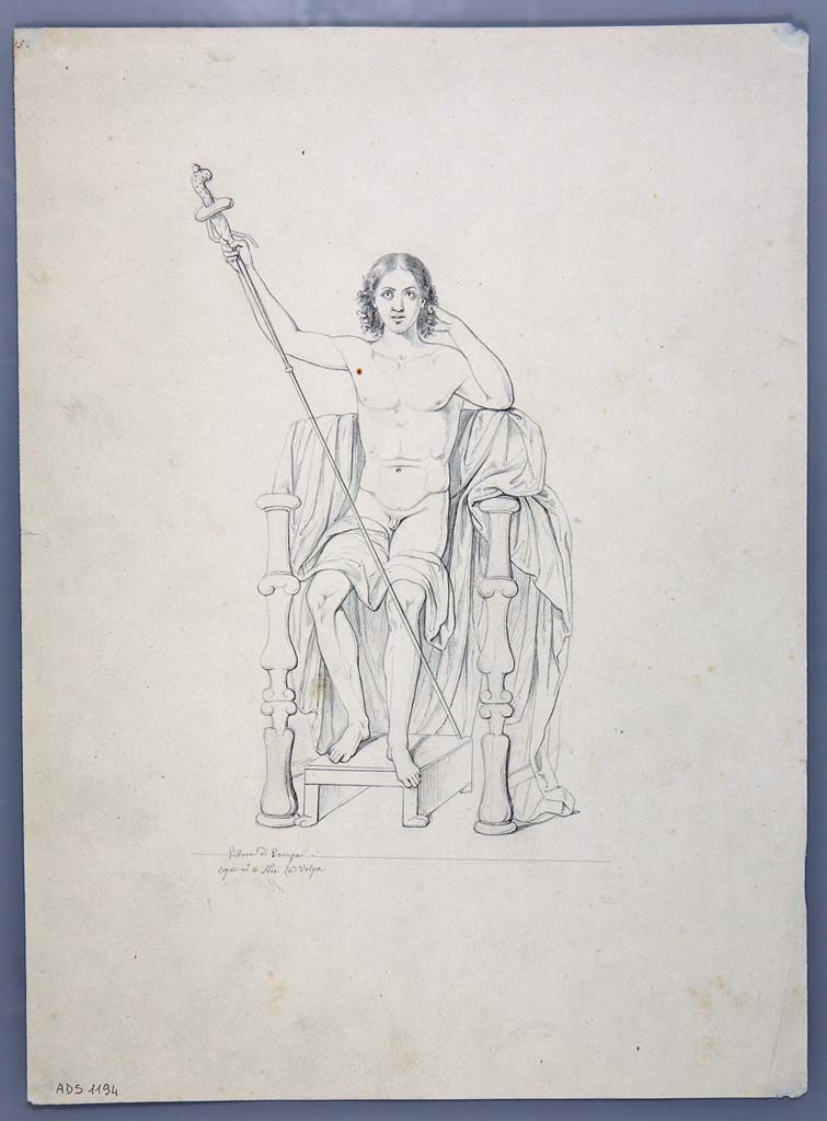 VIII.4.4 Pompeii. 
Drawing by Nicola La Volpe, of painting of Dionysus on his throne, perhaps from exedra 11.
Perhaps seen in the upper architecture of the room. 
According to PPM, -
Fiorelli mentioned that in the upper zone was a female divinity on her throne and a masculine figure also on a throne, which could have been this figure, 
See Carratelli, G. P., 1990-2003. Pompei: Pitture e Mosaici: Vol. VIII. Roma: Istituto della enciclopedia italiana, (p.506, no.99)
Now in Naples Archaeological Museum. Inventory number ADS 1194.
Photo  ICCD. https://www.catalogo.beniculturali.it
Utilizzabili alle condizioni della licenza Attribuzione - Non commerciale - Condividi allo stesso modo 2.5 Italia (CC BY-NC-SA 2.5 IT)
See also Kuivalainen, I., 2021. The Portrayal of Pompeian Bacchus. Commentationes Humanarum Litterarum 140. Helsinki: Finnish Society of Sciences and Letters, (p.101-2, B14).

