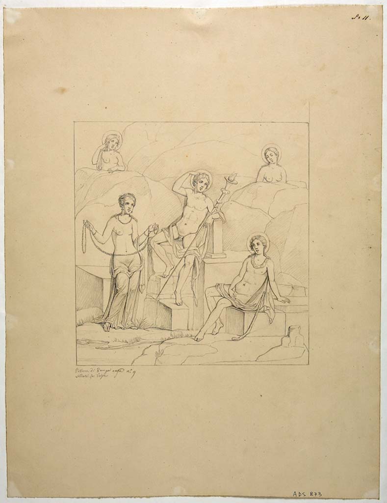 VIII.4.34 Pompeii. Drawing by Nicola La Volpe, of painting of the contest between the gods of light (la gara tra divinità della luce).
This would have been seen on the east wall of the tablinum.
Dionysus is the judge in the centre holding a long torch.
Venus is holding a garland on the left of the picture.
Hesperus with a halo and star on his head is sitting on the right.
Two other female divinities with halos are assisting from on high.
See Helbig, W., 1868. Wandgemälde der vom Vesuv verschütteten Städte Campaniens. Leipzig: Breitkopf und Härtel, (971)
Now in Naples Archaeological Museum. Inventory number ADS 873.
Photo © ICCD. http://www.catalogo.beniculturali.it
Utilizzabili alle condizioni della licenza Attribuzione - Non commerciale - Condividi allo stesso modo 2.5 Italia (CC BY-NC-SA 2.5 IT)
