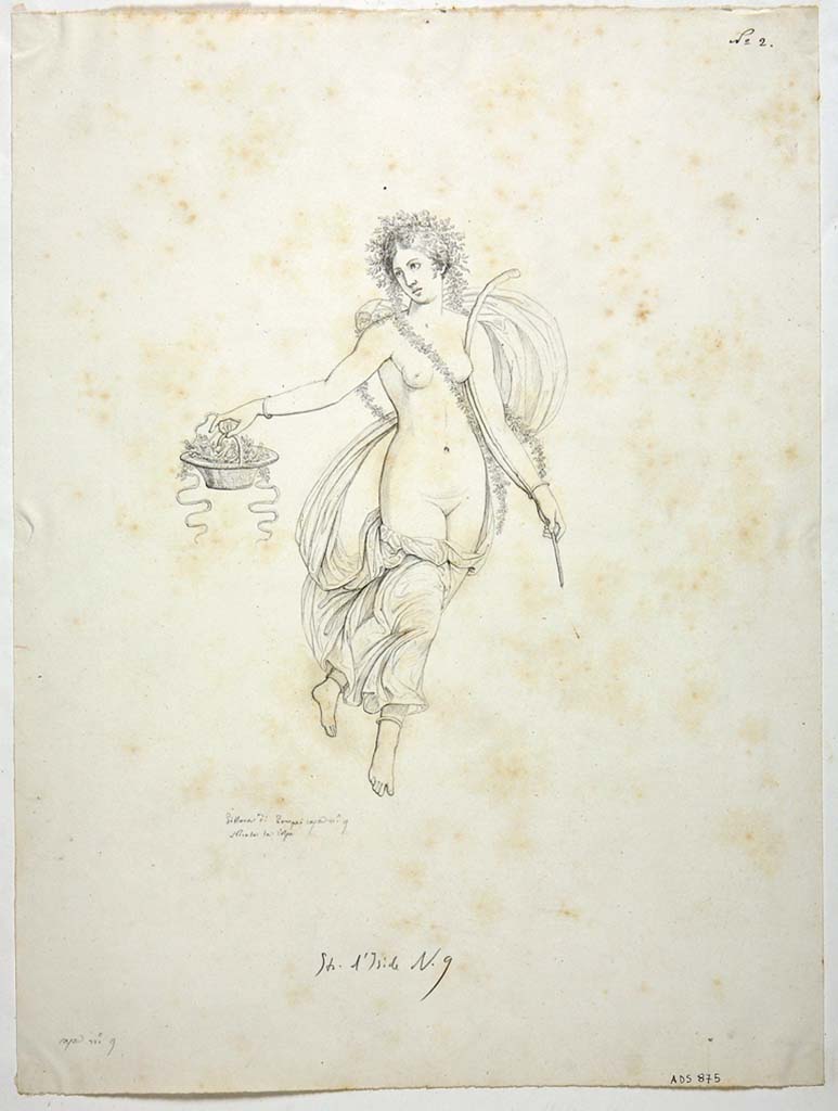 VIII.4.34 Pompeii. Drawing by Nicola La Volpe, of painting of Spring from a side panel, of a tablinum wall not known. 
In her right hand she held a basket with white flowers. In her left she held a branch.
See Helbig, W., 1868. Wandgemälde der vom Vesuv verschütteten Städte Campaniens. Leipzig: Breitkopf und Härtel, 978.
Now in Naples Archaeological Museum. Inventory number ADS 875.
Photo © ICCD. http://www.catalogo.beniculturali.it
Utilizzabili alle condizioni della licenza Attribuzione - Non commerciale - Condividi allo stesso modo 2.5 Italia (CC BY-NC-SA 2.5 IT)
