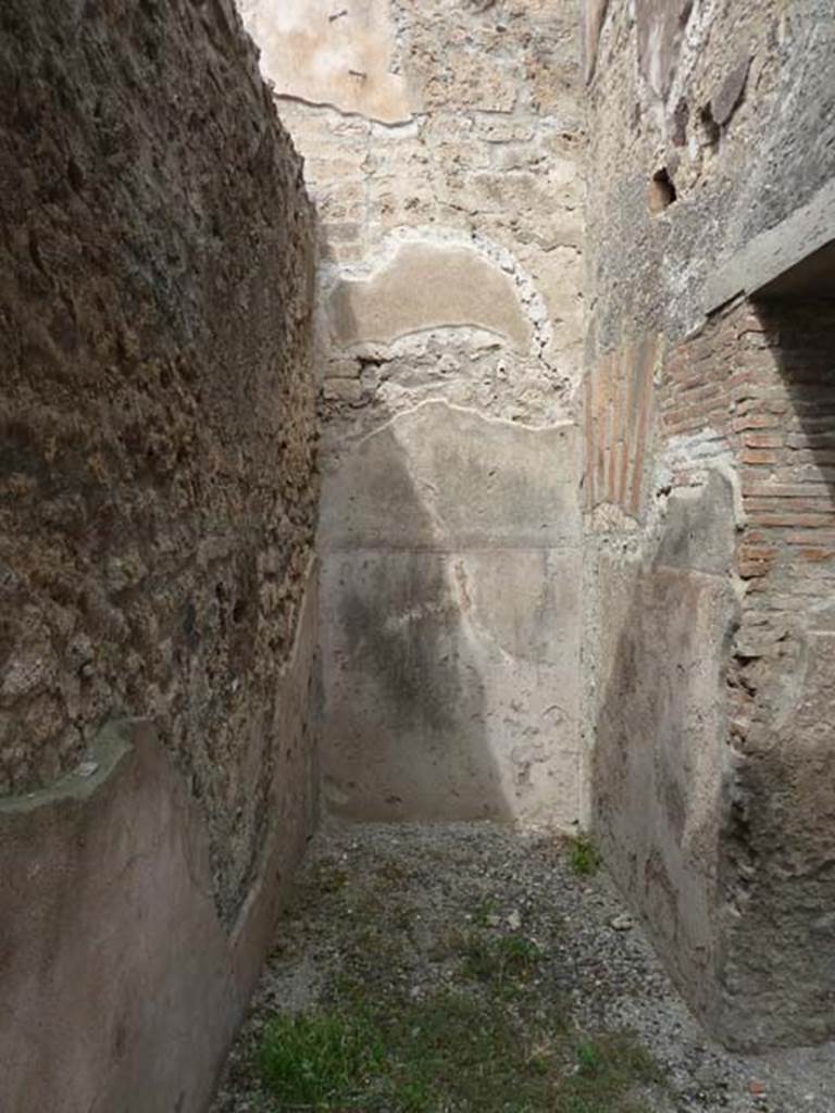 VIII.4.37 Pompeii. September 2015. Looking north into small corridor with area of small room/cupboard with stairs to upper floor. The doorway to the triclinium with window, is on the right.
