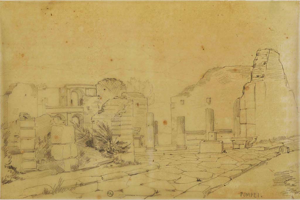 VIII.4.41 and 40, Pompeii, (on left). Sketch by Jean-Baptiste Ciceron Lesueur (1794-1883).
Looking south from Via dei Teatri towards entrance of Triangular Forum with fountain outside.
See Lesueur, Jean-Baptiste Ciceron. Voyage en Italie de Jean-Baptiste Ciceron Lesueur (1794-1883), pl. 67.
See Book on INHA reference INHA NUM PC 15469 (04)  « Licence Ouverte / Open Licence » Etalab

