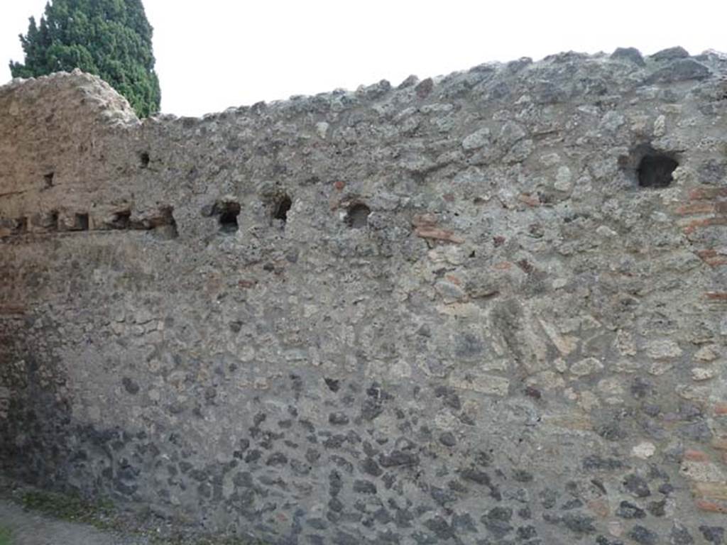 VIII.4.49 Pompeii. September 2015. South wall, with holes for support beams for upper floor joists.