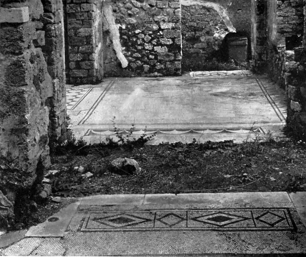 VIII.5.16 Pompeii. c.1930. 
Looking east across from doorway of large triclinium (1) across corridor (2) towards doorway to anteroom of room 3.
The flooring was white with a border of two black lines. In the doorway to corridor 2, was a threshold with peltae.
See Blake, M., (1930). The pavements of the Roman Buildings of the Republic and Early Empire. Rome, MAAR, 8, (p.107,115,119 & Pl.33, tav.2).
