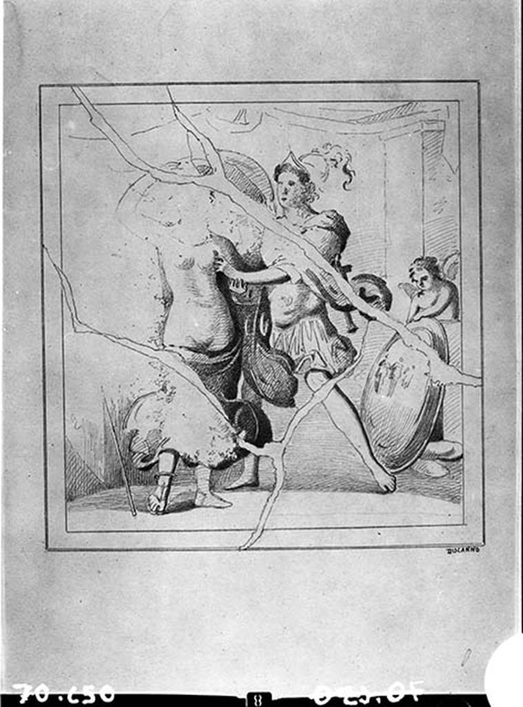 VIII.5.16 Pompeii. Room 6, central panel of east wall of summer triclinium.
Drawing by G. Discanno of painting of Mars and Venus. 
A cupid in the background plays with the large shield and the greaves.
See Carratelli, G. P., 1990-2003. Pompei: Pitture e Mosaici: Vol. VIII.  Roma: Istituto della Enciclopedia Italiana, p. 598. 
DAIR 70.650. Photo © Deutsches Archäologisches Institut, Abteilung Rom, Arkiv. See http://arachne.uni-koeln.de/item/marbilderbestand/2965224