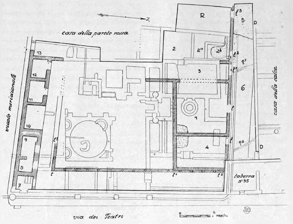 VIII.5.36 Pompeii. 1950 Maiuri plan of phase III of Terme repubblicane or Republican Baths.
According to Maiuri, after this first transformation, which for the entire Augustan age and perhaps also Tiberian, gave the closed baths a distinctly noble character not unbecoming to the rest of the nearby home, there was a subsequent transformation inspired by a more practical use of space: inspired by family reasons, more than anything else. At the large oecus or triclinium hall (n. 1) another minor oecus of the eastern side was added (4) overlapping one of the walls on the last five intercolumns of the garden portico (t1-t2), also equipped with an access threshold towards the peristyle of the "Casa della Calce". The date of this second transformation can be fixed to the Claudian or Neronian age on the basis above all to the many elements of the 4th style wall decoration found in the remains.
See Notizie degli Scavi di Antichità, 1950, p. 135, fig. 12.
