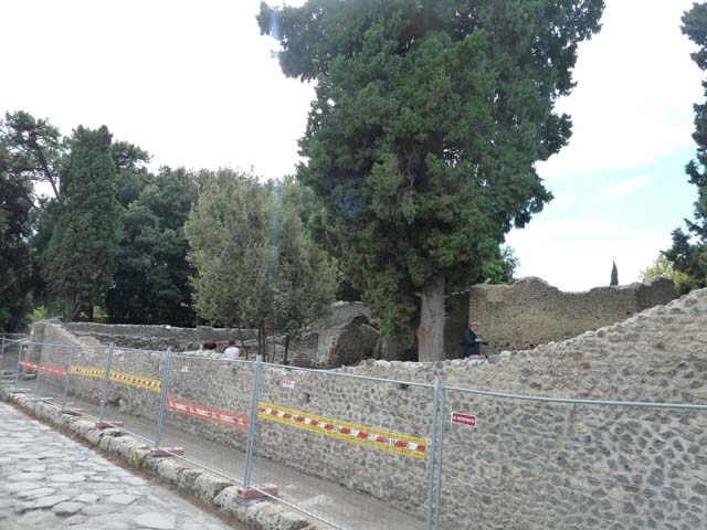 VIII.5.36 Pompeii. September 2015. Looking south-west along wall on west side of Via del Teatri.

