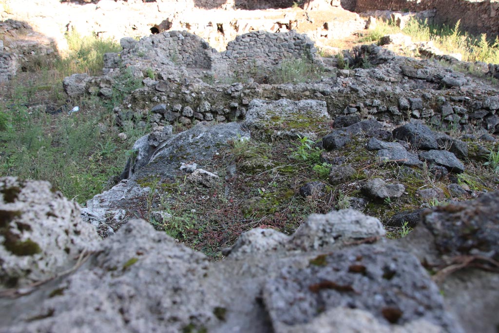 VIII.5.36 Pompeii. October 2022. 
Looking north towards Frigidarium, from room on south side near Vicolo delle Pareti Rosse. Photo courtesy of Klaus Heese. 
According to Maiuri –
“The Frigidarium (F) is exclusively part of the men’s bath, and has the typical structural form of the Pompeian frigidaria of the Stabian Baths and Forum Baths. It has a square plan on the outside, a circular plan on the inside with a single door (f1) in the north-east corner in place of one of the niches.
Emptied and stripped of all coverings, it no longer retains any trace of the circular basin and the steps that led to it. The structure, although it appears rougher and with more collected material, is coeval with the rest of the bath: here too you can see the re-used Sarno stone blocks used in the corners and at the head of the jambs. The only trace that remains of the water system are the remains of a cemented and mortar-framed terracotta pipe, at the bottom.
Instead of four niches on the inside, there are two on the inside and two on the outside; and of the two internal ones, one is used as an entrance doorway (f1), the other (f2) inserted at the rear and in place of another entrance that was later closed: the two external niches (f3-f4) facing an area that could, as mentioned, have been used as a Xystus, if not a Gymnasium, seem rather to be scholae used for resting on.”
See Maiuri, A. Notizie degli Scavi, 1949-50, (p.120).

(Il frigidarium (F) fa parte esclusivamente del bagno maschile, e presenta le tipiche forme struttive dei frigidaria pompeiani delle Terme Stabiane e delle Terme del Foro. A pianta quadrata esternamente, a pianta circolare internamente con un’unica porticina (f1) ricavata nell’angolo nord-est al posto d’una delle nicchie. Svuotato e spogliato d’ogni rivestimento, non conserva piu alcuna traccia della vasca circolare e dei gradini che vi adducevano. La struttura, per quanto appaia piu rozza e con materiale piu raccogliticcio, e coeva col resto della terma: si osservano anche qui i blocchi di rimpiego in pietra di Sarno usati negli spigoli e alle testate degli stipiti. La sola traccia che resta dell’impianto idrico soni i resti al fondo d’una tubazione di terracotta cementati e incorniciati di malta.
In luogo di quattro nicche all’interno, se ne hanno due all’interno e due all’esterno; e delle due interne una e usata quale porta d’ingresso (f1), l’altra (f2) inserita posteriormente e al posto di un altro ingresso che venne successivamente richiuso: le due nicchie esterne (f3-f4) rivolte verso un’area che poteva, come s’e accennato, aver ufficio di xystus, se non proprio di palestra, sembrano piuttosto scholae di riposo.)



