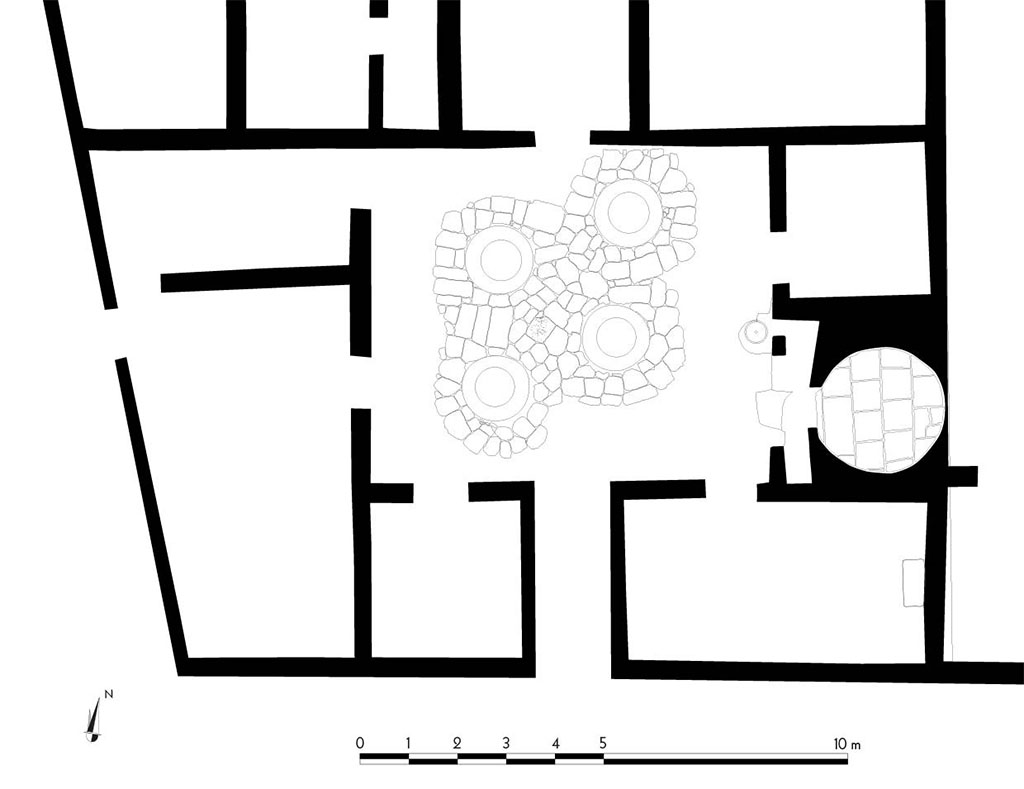 Fig. 22 – Pompéi, boulangerie VIII 6, 1.9-11 – Plan de la boulangerie.
Relevé / dessin : N. Monteix - S. Mencarelli /EFR.
