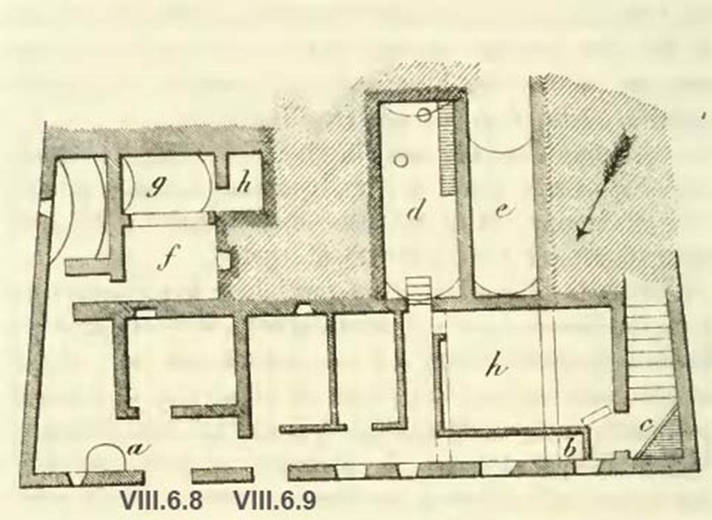 VIII.6.9 Pompeii. Plan showing the lower area from BdI, 1884, p.186-7.
The doorway at VIII.6.8 is the first doorway on the lower left of the plan, the rooms “f” and “g” are shown at VIII.6.8.
The doorway of VIII.6.9 is the second doorway, left of centre of the plan.
 “a” was described as “the remains of indefinable material”.
“b” was the toilet.
“c” was the cooking bench, unusually placed across the north-west corner at the base of the stairs from the peristyle.
“d” was described as “the water tank/reservoir, with two openings in the guise of a cistern from the peristyle: that of the right walkway and another in the middle, that however was blocked-up and not visible from above”.
“e” was described as “the cistern, with opening in the podium of the peristyle, it was not accessible and therefore its range could not be indicated on the plan; in a more ancient time it was accessible from “h”, but then the vaulted entrance, still visible, was walled up”.
From BdI, 1884, p.187 –
(“a” è un rialzo di materiale non definibile, “b” il cesso, “c” il focolare, “d” è un serbatoio d' acqua, con due aperture a guisa di cisterna dal peristilio: quella dell'ambulacro destra e un'altra nell'area media, che però è murata e non visibile di sopra. — “e” è la cisterna, coll' apertura nel podio del peristilio; essa non è accessibile e perciò non ho potuto indicare sulla pianta la sua estensione; in un'epoca piu antica era accessibile da “h”, ma poi l'ingresso a volta, ancora visibile, fu murato.)

Mau drew the above plan of the basement in double size, this was the area which was under the northern part of the house.
It was underground compared to the level of the roadway and descended to by the visible stairs at the north-west corner. 
One could see from the plan that no division corresponded to that between rooms "s" and "t"(on floor above); and so the wall that divided those two rooms, sat on a beam, or to speak more accurately, above three cassette boards modernly restored on the ancient traces.
The wall between rooms "r" and "s" (on the floor above) rested on a simple board, supported though, as shown in the plan, by a thin wall.
Found in the same cellar on the 17th March 1882, the skeleton of a woman. Found on 20th May, were two more human skeletons.  From BdI, 1884, described as N. [1-2], p.186-7.
According to NdS, the skeleton of a baby was found near to the skeleton of the woman found on 17th March. From NdS, 1882, p.119

