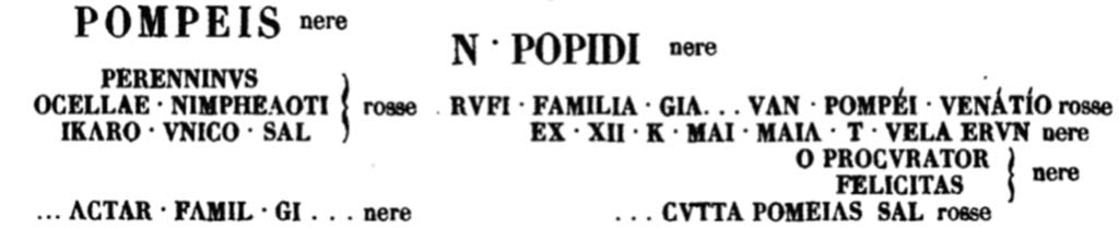 VIII.7.16 Pompeii. Inscriptions on right wall as you exit the Quartiere.
The letters of the word POMPEIS are 2 ½ palms high, the others are in proportion; the colours are mentioned next to them.

Pompeis   [CIL IV 1186]

Perenninus
Ocellae Nympheroti 
Ikaro unico sal(utem)   [CIL IV 1093]

Actar famil gi     [CIL IV 1186]

N(umeri) Popidi
Rufi fam(ilia) glad(iatoria) [p]u[g]n(abit) Pompeis venati[o]
ex XII K(alendas) Mai(as) mal<i=A> [e]t vela erunt [3]o procurator[i]
felicitas   [CIL IV, 1186]

Gutta Pompeianis
sal(utem)    [CIL IV, 01093a]

See The Epigraphik-Datenbank Clauss/Slaby (See www.manfredclauss.de) 
See Corpus Inscriptionum Latinarum Vol. IV, Supp 2, Part 1, 1898. Berlin: Reimer, p. 63 and p. 75. 
