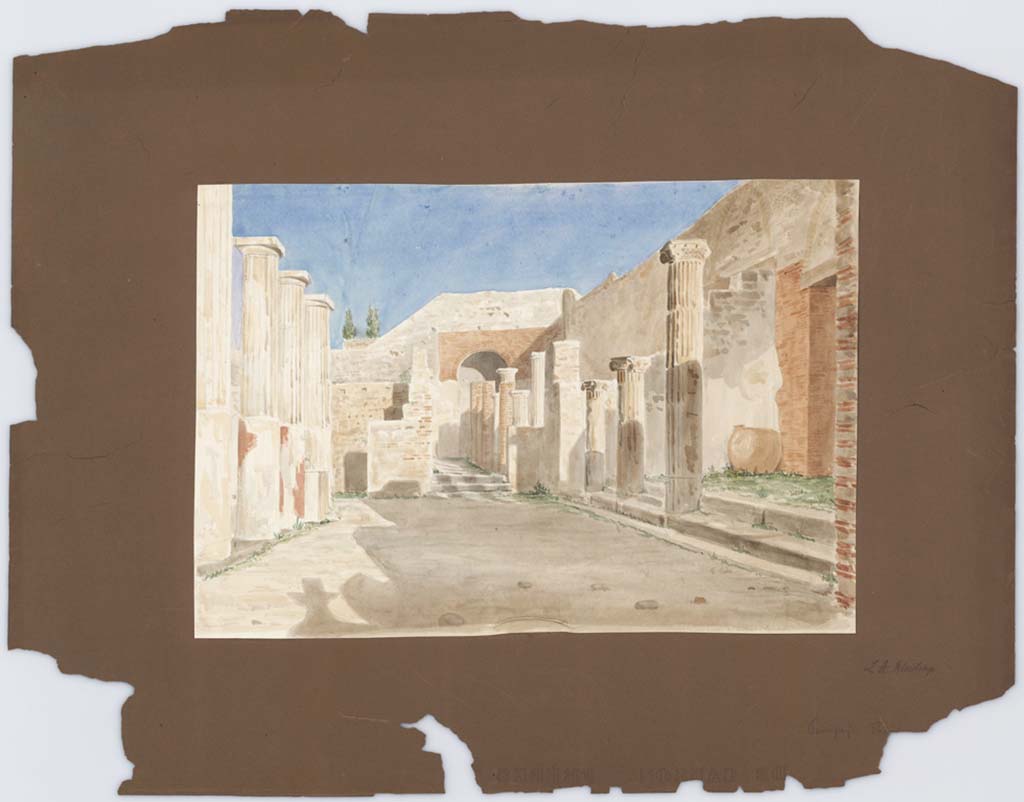 VIII.7.16 Pompeii. 1849. 
Painting by Laurits Albert Winstrup, looking towards north-east corner and the three Ionic columns that formed the entrance hall on the side of the colonnade.
Photo © Danmarks Kunstbibliotek, inventory number ark_6106.
