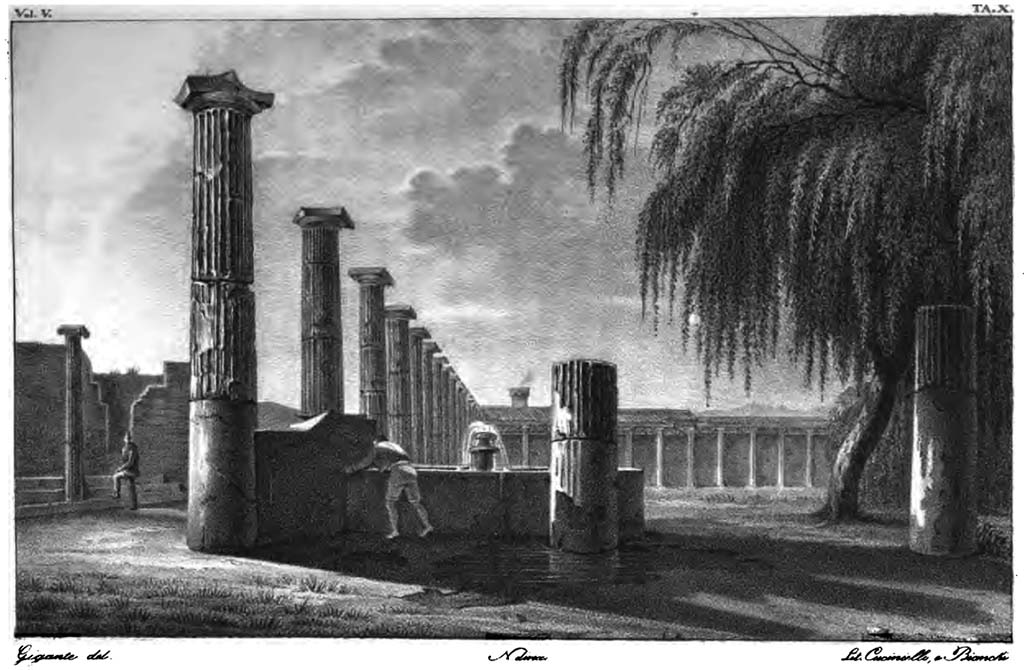 VIII.7.16 Pompeii. Pre-1829. Sketch of view looking south from north-east corner.
See Real Museo Borbonico, Vol. V, 1829, Tav. X, (10).
