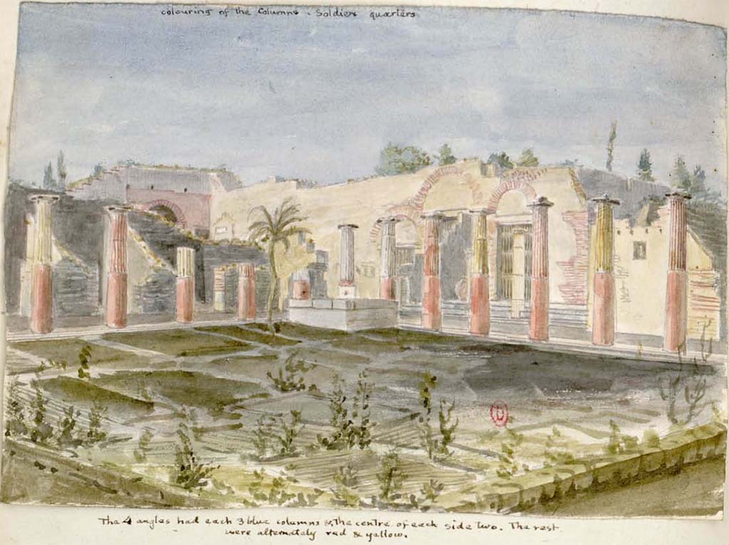 VIII.7.16 Pompeii. Between 1819 and 1832, painting by W. Gell, looking north-east from south-west corner.
According to Gell – “The 4 angles had each 3 blue columns and the centre on each side two. The rest were alternately red and yellow.”
See Gell, W. Pompeii unpublished [Dessins de l'édition de 1832 donnant le résultat des fouilles post 1819 (?)] vol II, pl. 56 verso.
Bibliothèque de l'Institut National d'Histoire de l'Art, collections Jacques Doucet, Identifiant numérique Num MS180 (2).
See book in INHA Use Etalab Licence Ouverte
