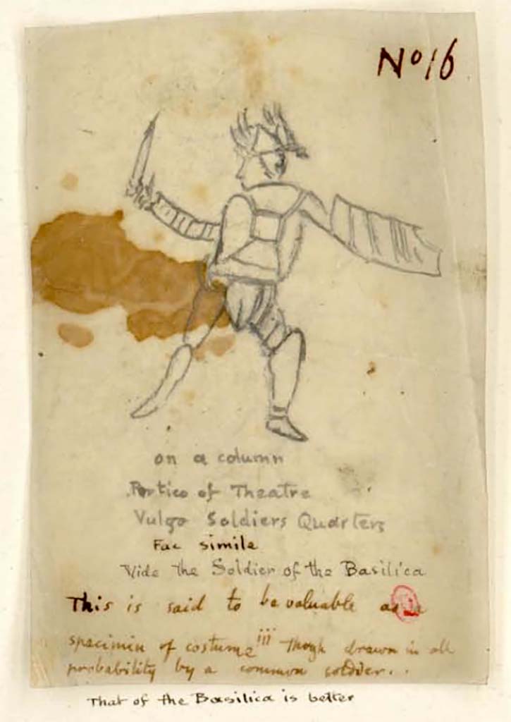 VIII.7.16 Pompeii. Between 1819 and 1832, drawing by Gell of a graffito “though drawn in all probability by a common soldier”.
According to Gell, “On a column, near the centre of one end, is the figure of a soldier, or gladiator, scratched with a nail”.
He did not say which end.
See Gell, W. Pompeii unpublished [Dessins de l'édition de 1832 donnant le résultat des fouilles post 1819 (?)] vol II, p. 50 of 178.
Bibliothèque de l'Institut National d'Histoire de l'Art, collections Jacques Doucet, Identifiant numérique Num MS180 (2).
See book in INHA Use Etalab Licence Ouverte
