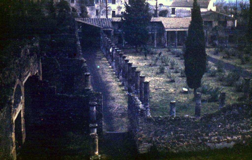 VIII.7.16 Pompeii. February 1952. Looking south from Large Theatre, across the east side of the Gladiators’ Barracks.
Photo courtesy of John Vanko. His father took this photo in 1952, identical to the one above.

