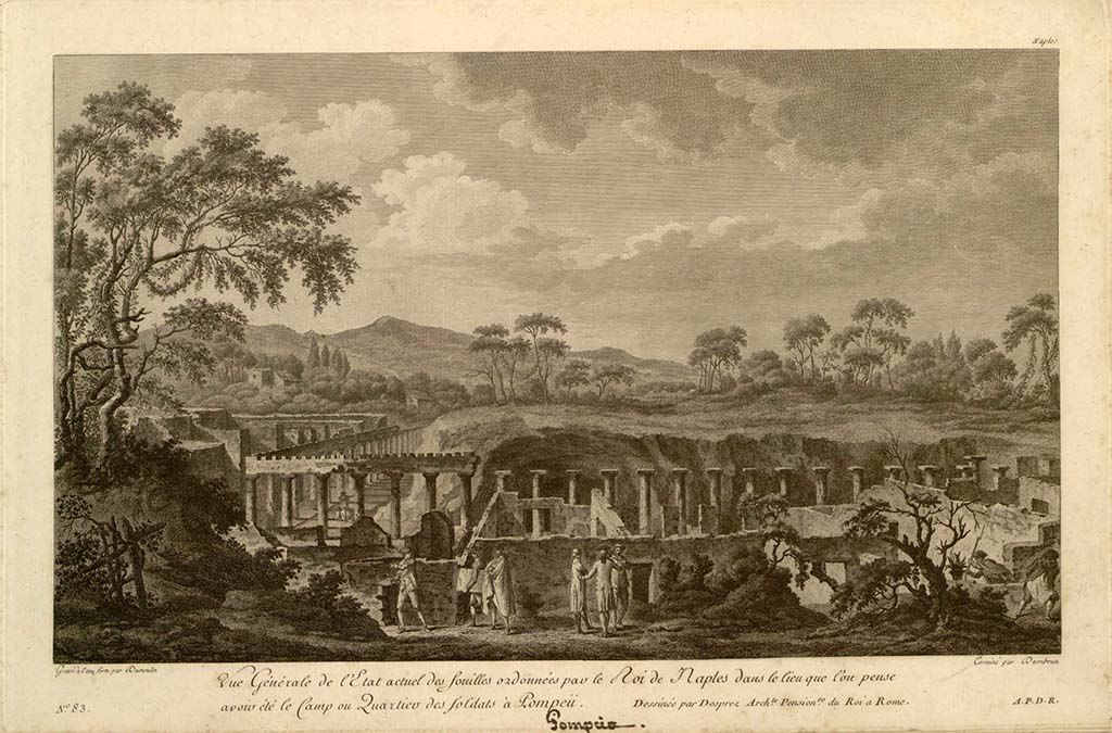VIII.7.16 Pompeii. C. 1782 view of “le Camp ou Quartier des Soldats a Pompeii”. Drawn by Desprez. [Louis Jean Desprez (1743 - 1804)?]
See Debret F. (1777-1850), Piranesi F. (1758-1810), LaBrouste H. (1801-1875). Voyage en Italie-De Naples à Paestum, pl. 100.
INHA Identifiant numérique : NUM PC 77832 (07). See book on INHA Les documents sont placés sous « Licence Ouverte / Open Licence » Etalab 
This drawing was published in 1782 by L'Abbe St Non.
See Saint Non, L'Abbe. 1782. Voyage Pittoresque ou Description des Royaumes de Naples et de Sicile : Tome 1, Part 2, p. 136.
