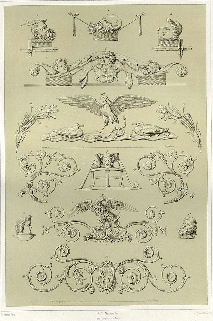 VIII.7.16 Pompeii. 
Drawings by G. Abbate of particulars from leggings, shields and weapons in Tav. IV. above.
See Niccolini F, 1854. Le case ed i monumenti di Pompei: Volume Primo. Napoli, (Caserma dei Gladiatori, Tav V).
