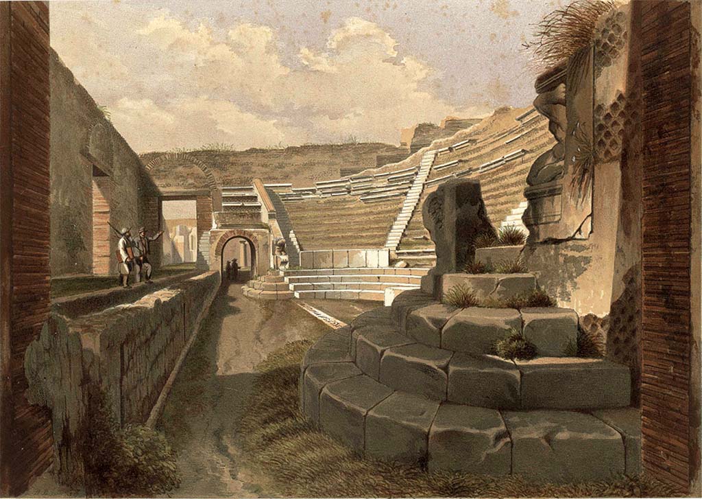 VIII.7.19 Pompeii. 1854. Looking west across Theatre. Painting by T. Duclère published by Niccolini.
The line of the dedication can be seen running between the ends of the first row of seats.
Niccolini attributes this to M. Olconio in line with the erroneous Bonucci restoration rather than the original M. Oculatius.
See Niccolini F, 1854. Le case ed i monumenti di Pompei: Volume Primo. Napoli, Teatri Tav. III and p. 5, Tav. I n. 29.
