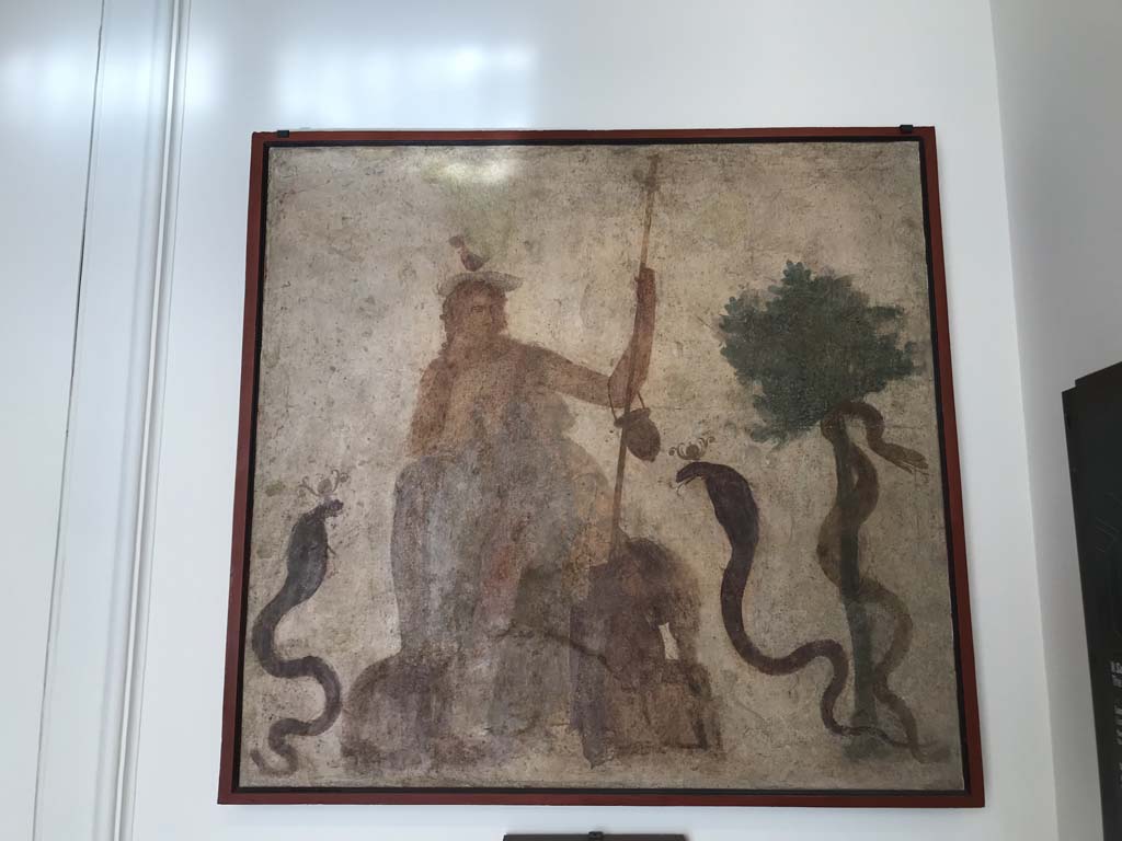 VIII.7.28 Pompeii. April 2019. West wall of sacrarium. Painting of god Osiris on a throne and with cobras. 
Now in Naples Archaeological Museum. Inventory number 8927. Photo courtesy of Rick Bauer.

