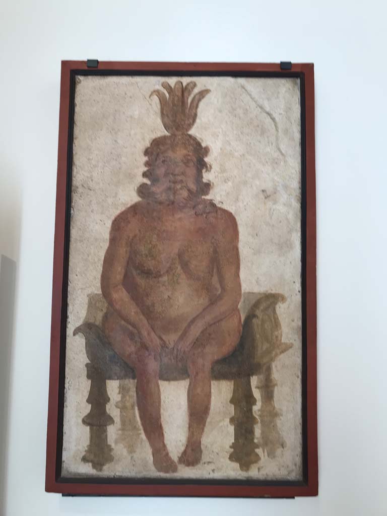 VIII.7.28 Pompeii. April 2019. Found on north wall of the sacrarium. Painting of Bes. 
Now in Naples Archaeological Museum. Inventory number 8916.
Photo courtesy of Rick Bauer.
