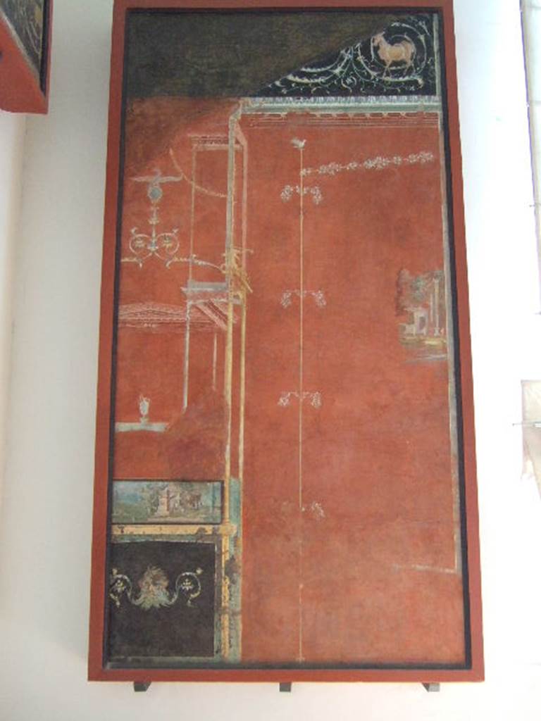 VIII.7.28 Pompeii.  Panel with landscape and architecture. Found in central feature of south wall.  Now in Naples Archaeological Museum.
