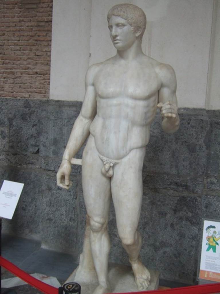 VIII.7.29 Pompeii.    Found at the foot of one of the columns on the south side. Statue of the doryphorus (lance- bearer), a Roman replica of the Greek masterpiece in bronze by Policletus or Polyclitus.  (450 B.C.).  See Mau, A., 1907, translated by Kelsey F. W. Pompeii: Its Life and Art. New York: Macmillan. (p.166-7).   Now in Naples Archaeological Museum. Inventory number 6011.
