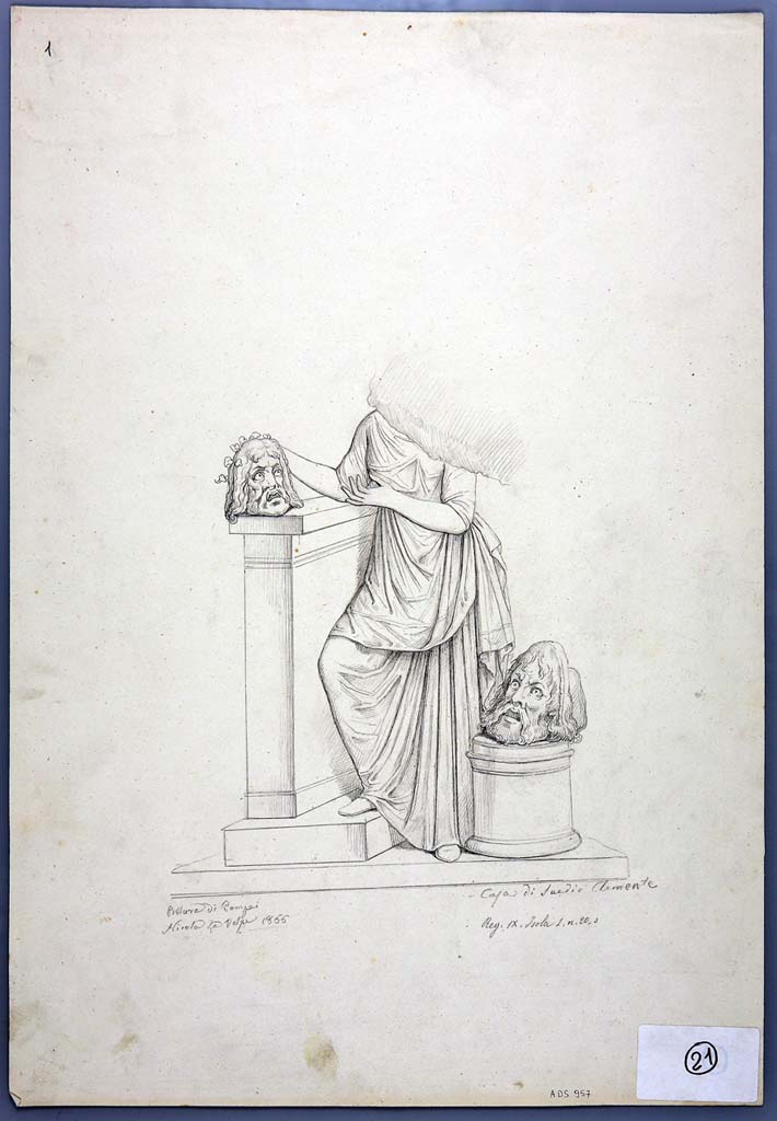 IX.1.20 Pompeii. Drawing by Nicola La Volpe, 1866, of painting of the Muse Melpomene with two tragic masks, from the east end of north wall of triclinium, but now completely faded. 
See Helbig, W., 1868. Wandgemälde der vom Vesuv verschütteten Städte Campaniens. Leipzig: Breitkopf und Härtel, (874b).
Now in Naples Archaeological Museum. Inventory number ADS 957.
Photo © ICCD. http://www.catalogo.beniculturali.it
Utilizzabili alle condizioni della licenza Attribuzione - Non commerciale - Condividi allo stesso modo 2.5 Italia (CC BY-NC-SA 2.5 IT)
