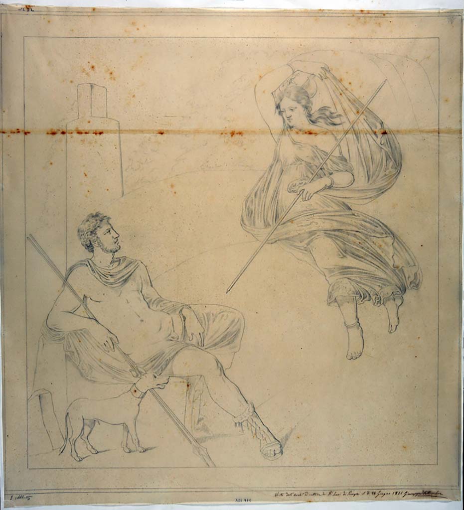 IX.2.10 Pompeii. Drawing by Giuseppe Abbate, 1851, of painting of Endymion and Selene found on wall of triclinium on 22nd April 1851. 
Now in Naples Archaeological Museum. Inventory number ADS 975.
Photo © ICCD. http://www.catalogo.beniculturali.it
Utilizzabili alle condizioni della licenza Attribuzione - Non commerciale - Condividi allo stesso modo 2.5 Italia (CC BY-NC-SA 2.5 IT)
The painting was detached and taken to Naples Museum, inv. 9246.
