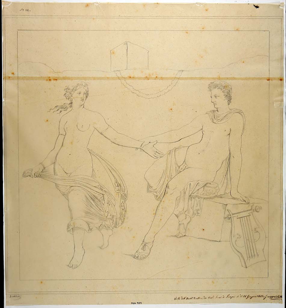 IX.2.10 Pompeii. Drawing by Giuseppe Abbate, 1851, of painting of Apollo and Daphne found in the same triclinium on a wall with a yellow background.
Now in Naples Archaeological Museum. Inventory number ADS 979.
Photo © ICCD. http://www.catalogo.beniculturali.it
Utilizzabili alle condizioni della licenza Attribuzione - Non commerciale - Condividi allo stesso modo 2.5 Italia (CC BY-NC-SA 2.5 IT)
The original painting was also detached and taken to Naples Archaeological Museum. 
