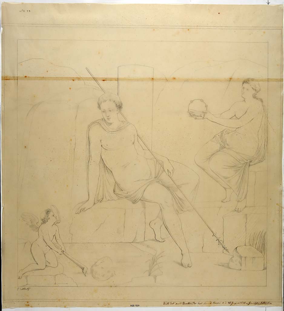 IX.2.10 Pompeii. Drawing by Giuseppe Abbate, 1851, of painting of Narcissus and the nymph found in the same triclinium
See Helbig, W., 1868. Wandgemälde der vom Vesuv verschütteten Städte Campaniens. Leipzig: Breitkopf und Härtel, (1360).
Now in Naples Archaeological Museum. Inventory number ADS 977.
Photo © ICCD. http://www.catalogo.beniculturali.it
Utilizzabili alle condizioni della licenza Attribuzione - Non commerciale - Condividi allo stesso modo 2.5 Italia (CC BY-NC-SA 2.5 IT)
The original painting was detached and is now in Naples Archaeological Museum. Inventory number 9386.
