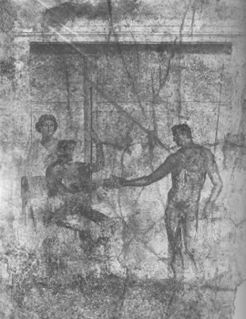 IX.2.16 Pompeii. Pre-1943. Looking towards east wall of atrium with two doorways into exedra. Photo by Tatiana Warscher.
See Warscher, T. Codex Topographicus Pompeianus, IX.2. (1943), Swedish Institute, Rome. (no.52.), p. 120.

