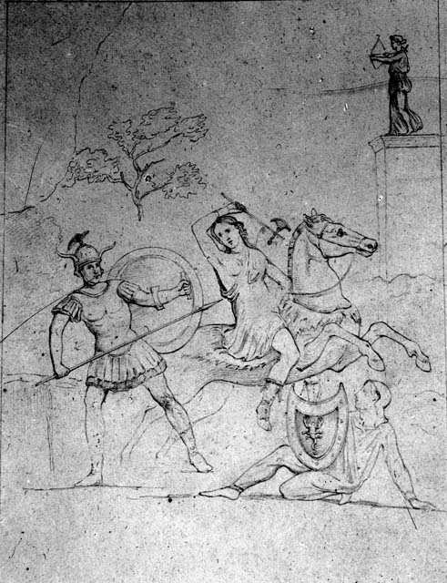 IX.2.16 Pompeii. Pre-1943. Detail from painting of Hercules and Nessus from west wall of exedra/triclinium. 
Photo by Tatiana Warscher.
See Warscher, T. Codex Topographicus Pompeianus, IX.2. (1943), Swedish Institute, Rome. (no.54.), p. 123.
