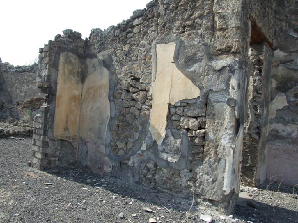 IX.2.18 Pompeii. March 2009. Room 5, north wall of tablinum.  The zoccolo would have been red, the side panels would have been yellow and showed a slight trace of a flying figure, see Sogliano 823.
The large gap in the middle of the wall would have been made in ancient times, and would account for the loss of the entire middle panel and part of the red zoccolo.
See Bragantini, de Vos, Badoni, 1986. Pitture e Pavimenti di Pompei, Parte 3. Rome: ICCD.  (p.420)
See Sogliano, A., 1879. Le pitture murali campane scoverte negli anni 1867-79. Napoli: Giannini. (p. 158, no: 823)
