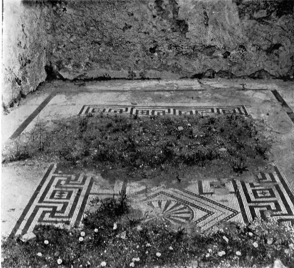 IX.2.27 Pompeii. c,1930. Looking across remaining flooring of triclinium, mostly now lost.
See Blake, M., (1930). The pavements of the Roman Buildings of the Republic and Early Empire. Rome, MAAR, 8, (p.84, 143, & Pl.20, tav.2).
Or See Warscher, T. Codex Topographicus Pompeianus, IX.2. (1943), Swedish Institute, Rome. (no.137.), p. 253
