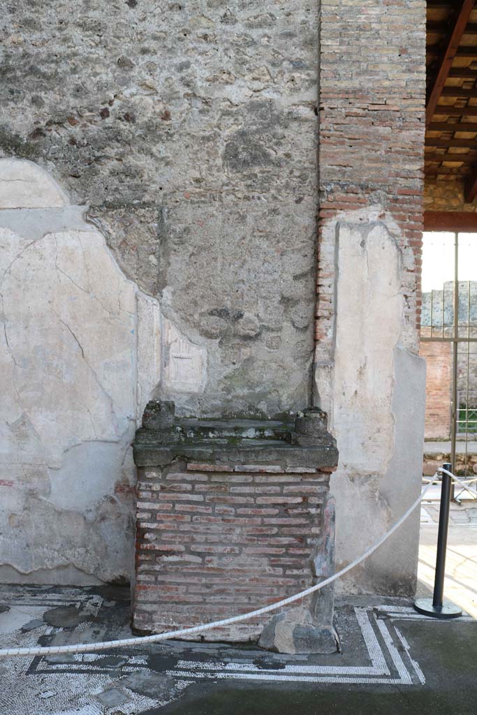 IX.3.5 Pompeii. December 2018. 
Room 3, looking west to remains of aedicula altar in south-west side of atrium. Photo courtesy of Aude Durand.
