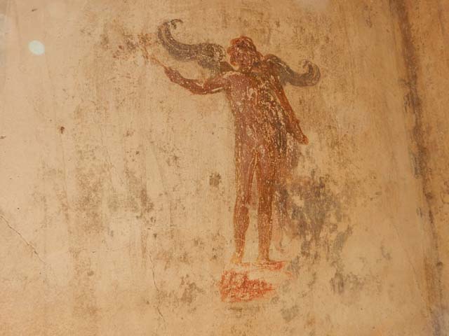 IX.3.5 Pompeii. May 2015. Room 4, detail of painted figure from south-west corner.  
Photo courtesy of Buzz Ferebee.
