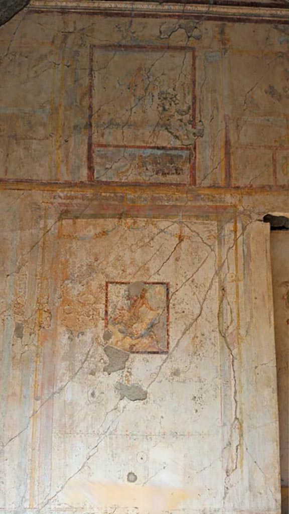 IX.3.5 Pompeii. May 2015. Room 4, remains of wall painting of Satyr and Bacchante, in centre of north wall. Photo courtesy of Buzz Ferebee.
